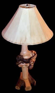 lot 203 image: Hand Carved Burlwood Table Lamp with Natural Shade, 40 Inch Tall