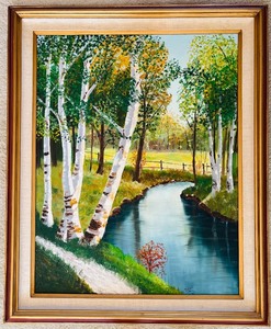 lot 207 image: Framed Vintage Creek and Trees Wall Art