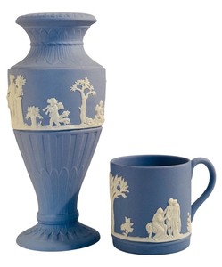 lot 490 image: Wedgwood Blue Jasperware Vase and Cup Set
