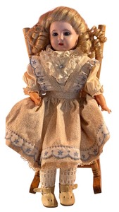 lot 428 image: Vintage 16-Inch Composition Doll with Wooden Rocking Chair