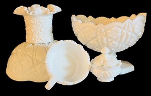 lot 489 image: Milk Glass Collection with Pedestal Compote, Vase, and Lidded Dish