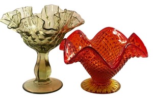 lot 584 image: Pair of Vintage Fenton Art Glass Compotes - Green Thumbprint and Amberina Candy Dish
