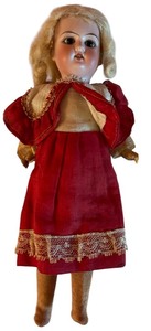 lot 11D image: Antique German Bisque Doll with Blonde Hair and Red Dress