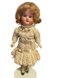 lot 16D image: Antique German Bisque Doll with Blonde Hair and Crochet Dress