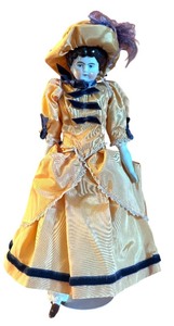 lot 372 image: 12-Inch Porcelain Victorian-Style Doll with Yellow Dress and Plumed Hat
