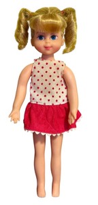 lot 386 image: Vintage Buffy Family Affair Doll 6 Inch Blonde Pigtails with Red Polka Dot Dress