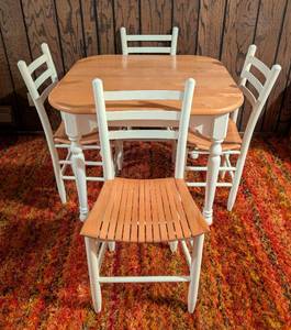 lot 12 image: Painted White and Natural Wood Dining Table Set
