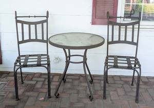lot 27 image: Glass Topped Metal Patio Bistro Set
