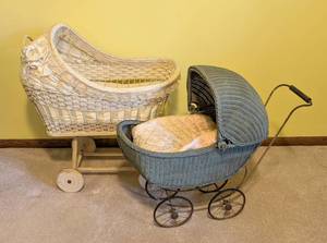 lot 633 image: Vintage Wicker Doll Buggy and Bassinet