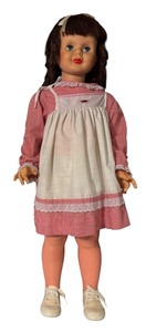 lot 668R image: LL - Vintage Doll with Red Gingham Dress and Lace Apron