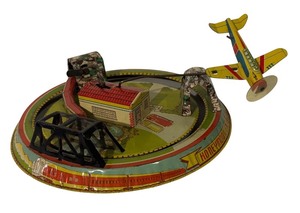lot 676R image: LL - Vintage Honeymoon Express Tin Litho Wind-Up Airplane Toy