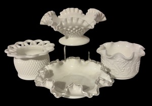 lot 734R image: LL - Set of 4 Vintage Milk Glass and Silver Crest Bowls by Fenton, Imperial and More