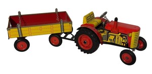 lot 794R image: LL - Vintage Tin Toy Tractor with Trailer