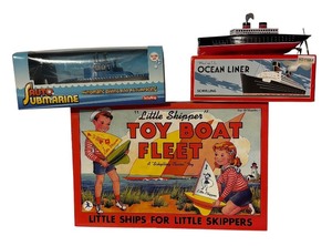 lot 796R image: LL - Schylling Toy Boat Collection with Little Skipper Fleet, Wind-Up Ocean Liner and Auto Submarine