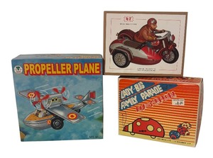 lot 804R image: LL - Lot of 3 Vintage Tin Wind-Up Toys with Boxes - Propeller Plane, Ladybug Family Parade, Motorcycle & Sidecar