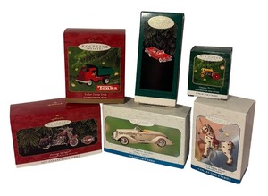 lot 819R image: LL - Collection of 6 Hallmark Keepsake Ornaments - Classic Vehicles and Figures