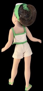 lot 685H image: DR - 16 Inch Vintage Porcelain Doll in Green and White Outfit