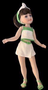 lot 685H image: DR - 16 Inch Vintage Porcelain Doll in Green and White Outfit