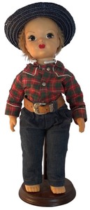 lot 705H image: DR - 18-Inch Vintage Cowgirl Doll with Plaid Shirt and Straw Hat
