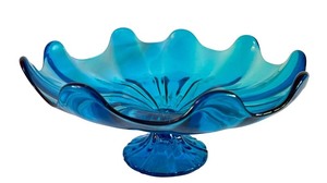 lot 8XX image: K - Viking Peacock Blue 9 Petal Scalloped Console Bowl - Mid Century Vintage