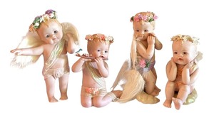 lot 74X image: K - Set of 4 Hamilton Collection Cherub Figurines with Floral Crowns (1995-1996)