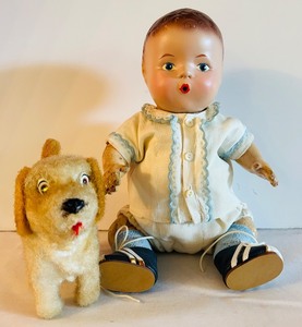 lot 736C image: LR - Vintage 11-Inch Baby Doll with Outfit and Plush Toy Dog