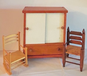 lot 737C image: LR - Vintage Wooden Doll Closet with 2 Miniature Ladderback Doll Chairs