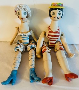 lot 739C image: LR - Pair of 11 Inch Vintage Articulated Bathing Suit Dolls