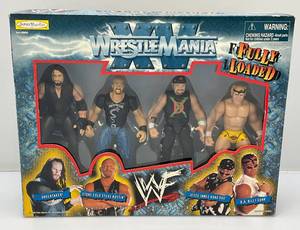 lot 26 image: 1999 Jacks Pacific WWF MOC BCA Wrestlemania XV Fully Loaded Box Set Kmart (NEW IN PACK)