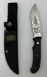 lot 150 image: GERBER Brand 5 Straight Blade Hunting Knife Eagle And MJT Relief On Blade With Sheath