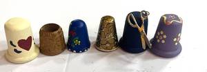 lot 113 image: 6 Painted and Embellished Wooden Thimbles Flowers and Scissors