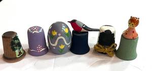 lot 114 image: 6 Cute Wooden Thimbles Angel, Bird ,Cow, Easter Egg