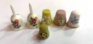 lot 216 image: 6 Misc Thimbles Bell Shape and Applique Flowers