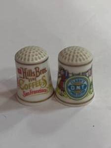 lot 12 image: Clarks Spun Cotton and Hills Bros. Advertising Thimbles