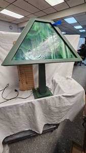 lot 40 image: Stained Glass Lamp with Wood FrameBase