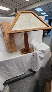 lot 42 image: Stained Glass Lamp with WoodFrame and Base (Cream Color)