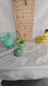 lot 77 image: FireKing Jadite Creamer and Sugar Lid, Fenton Hobnail Case in Aqua Blue