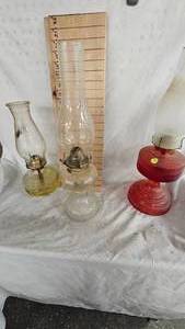 lot 72 image: Lot of 3 Oil Lamps with Chimneys in Good Condition