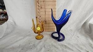 lot 75 image: Viking Amber Glass Vase and Blue Hand Blown Vase