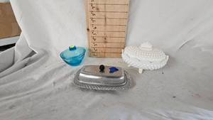 lot 85 image: Fenton Milk Glass Hobnail Candy Dish, Blue Covered Dish, and Butter Holder