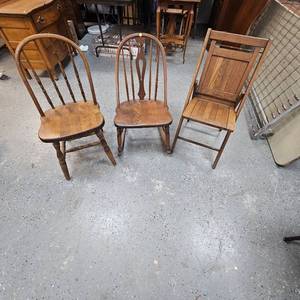 lot 17A image: Lot of 3 Chairs, Rocking Chair, Kitchen Chair and Folding Wood Chair