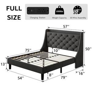 lot 31 image: iPormis Full Bed Frame with 16 Comfort Wingback & Charging Station, Upholstered Platform Bed with Button Tufted Storage Headboard, Solid Wood Slats Support, No Box Spring Needed, Dark Grey