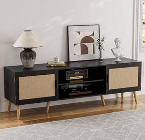 lot 43 image: ZTTRIEE TV Stand for TVs up to 65, Entertainment Center with Rattan Door, Shelves & 2 Cabinets, Boho Media TV Console for Living Room, Bedroom, Black
