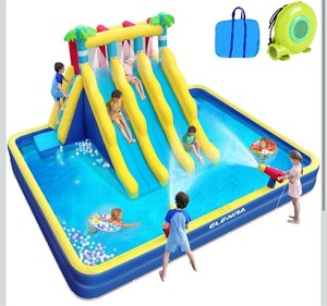 lot 54 image: ELEMARA Extra Large Inflatable Water Slide Bounce House, Kids Water Park with Double-Layer Large Splashing Pool,3 Extra-Long Slides, Climbing Wall, 2 Water Cannons, Water Spraying, 750W Air Blower