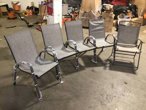 lot 30 image: Lot of Hampton Bay Mix and Match Stackable Brown Steel Sling Outdoor Patio Dining Chair in Riverbed Taupe  Damaged  Customer Returns See Pictures