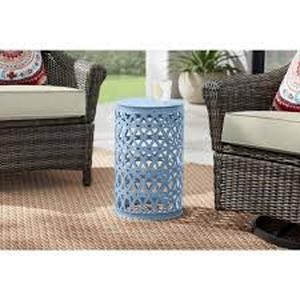 lot 21 image: Hampton Bay Surf Blue Metal 19.4 in. Outdoor Patio Garden Stool Customer Returns See Pictures