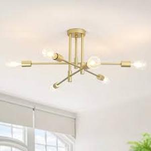 lot 38 image: 27.56 in. 6-Light Spray Gold Dimmable Sputnik Chandelier Modern Linear Semi Flush Mount Ceiling Light for Living Room   Customer Returns See Pictures