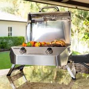 lot 45 image: Nexgrill 2-Burner Portable Propane Gas Table Top Grill in Stainless Steel   Customer Returns See Pictures