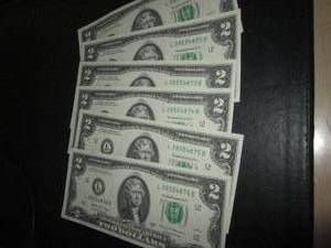 lot 270 image: 6 Uncirculated $2.00 bills, sequentially numbered