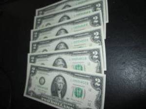 lot 267 image: 6 Uncirculated $2.00 bills, sequentially numbered